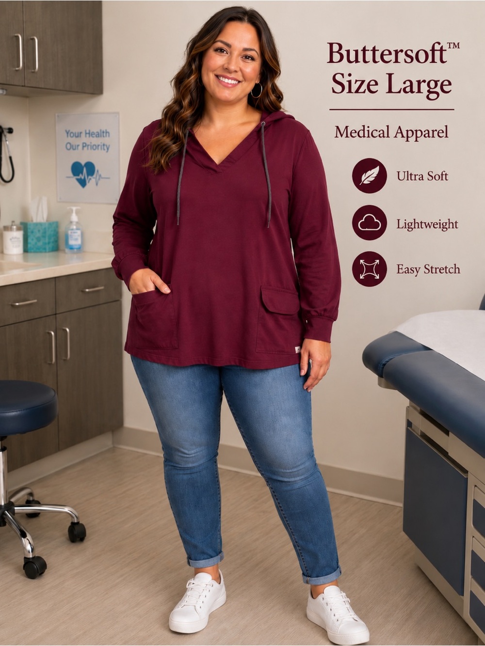 Buttersoft Hooded Medical Scrub Top Wine Burgundy Size Large Soft Healthcare